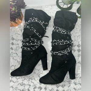 Black Vegan Suede Mid Calf Slouch Boots with Chain Straps